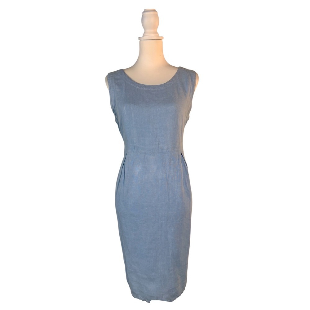 Vintage‎ 90s Russ Berens Blue 100% Linen Dress Women's M Coastal Minimalist Chic